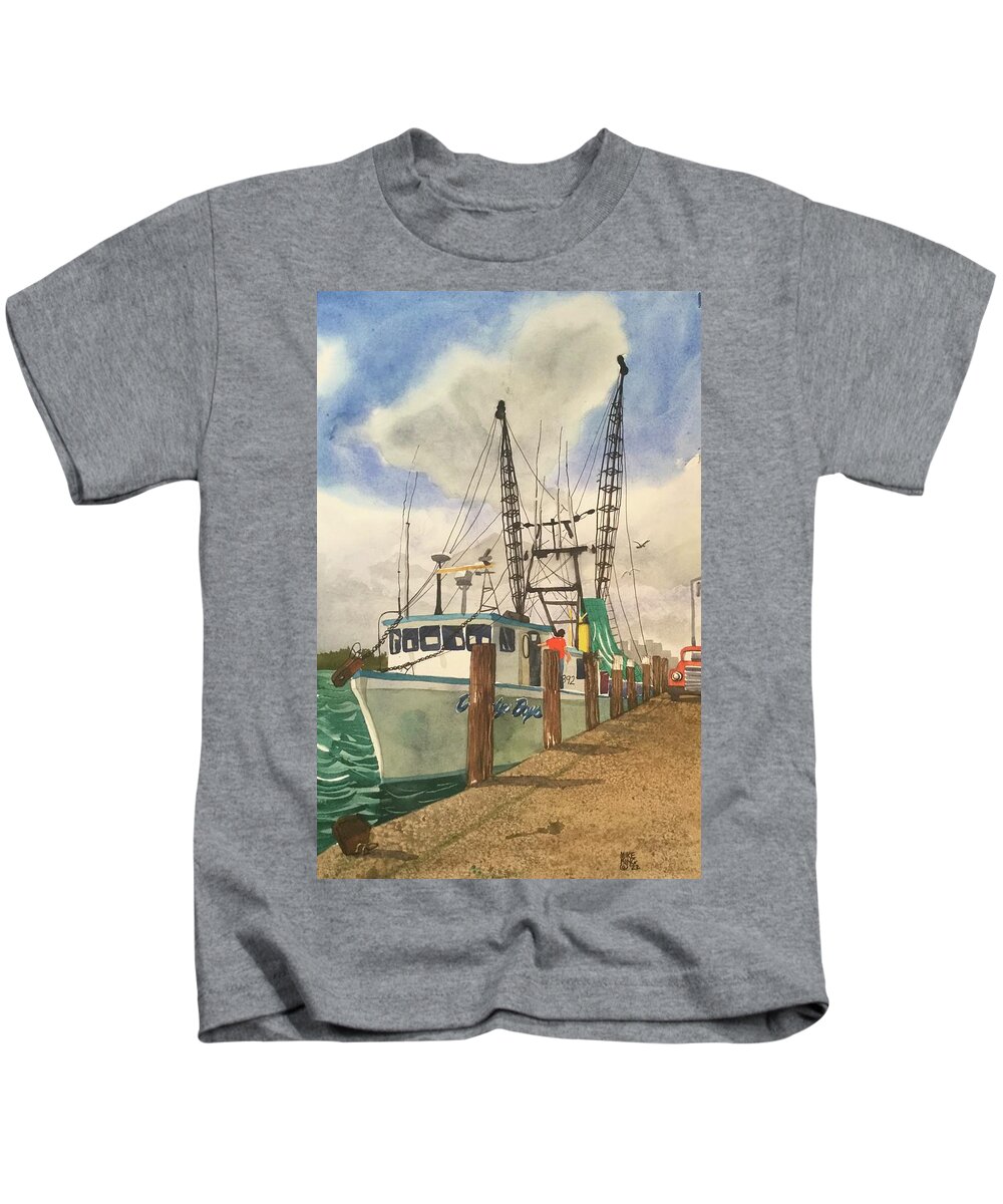 Boat Kids T-Shirt featuring the painting Shrimp Boat Daddys Boys Tampa Florida by Mike King