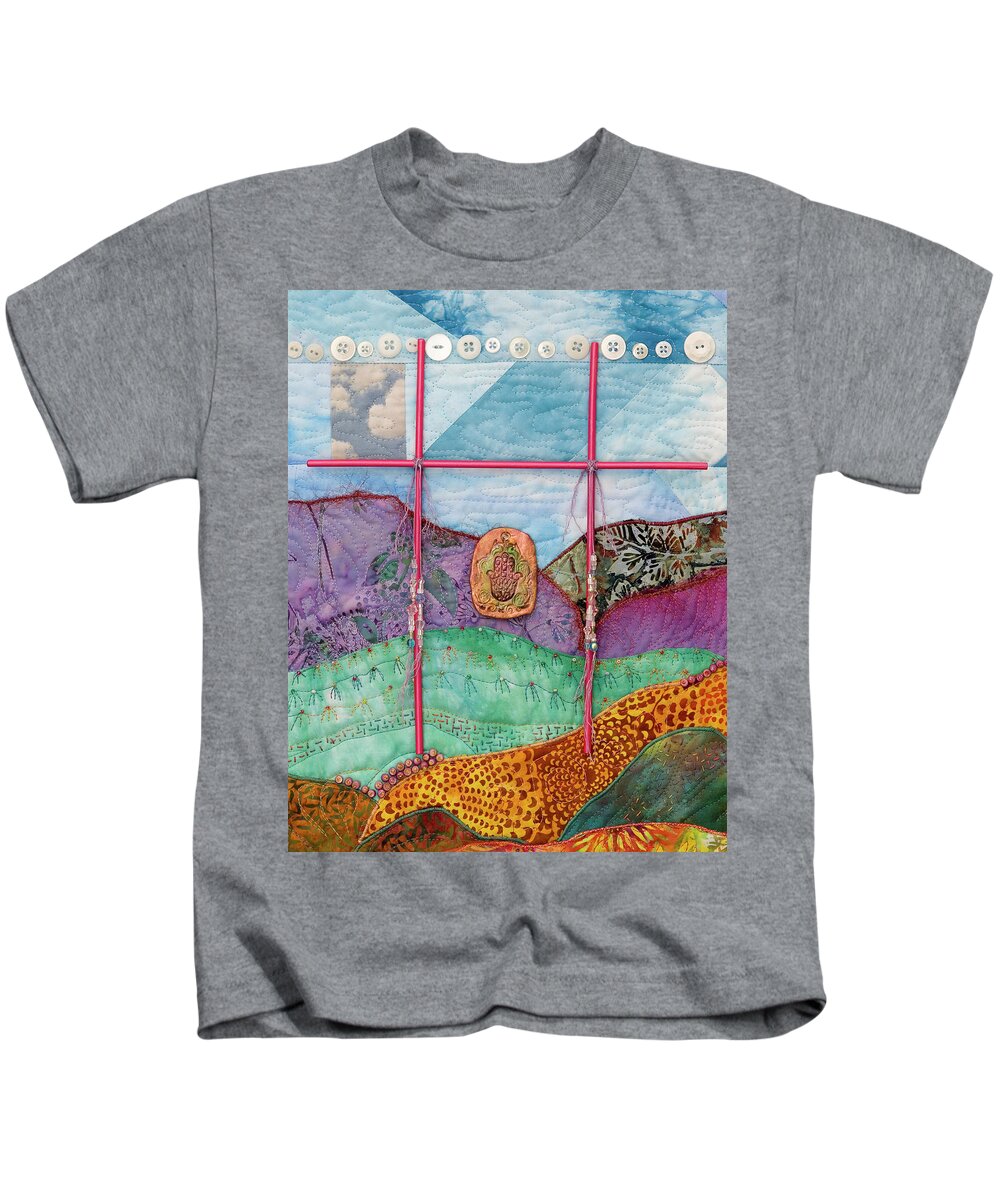 Fiber Art Kids T-Shirt featuring the mixed media Shrine to Land and Sky G by Vivian Aumond