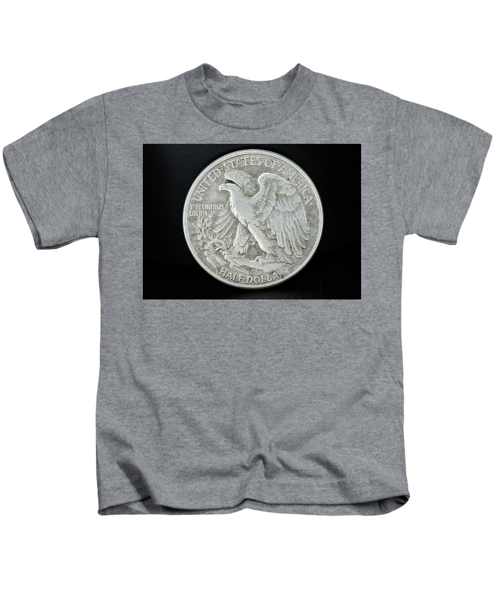 Silver Coin Kids T-Shirt featuring the photograph Silver Coins 1945 Walking Liberty Half Dollar Back by Amelia Pearn