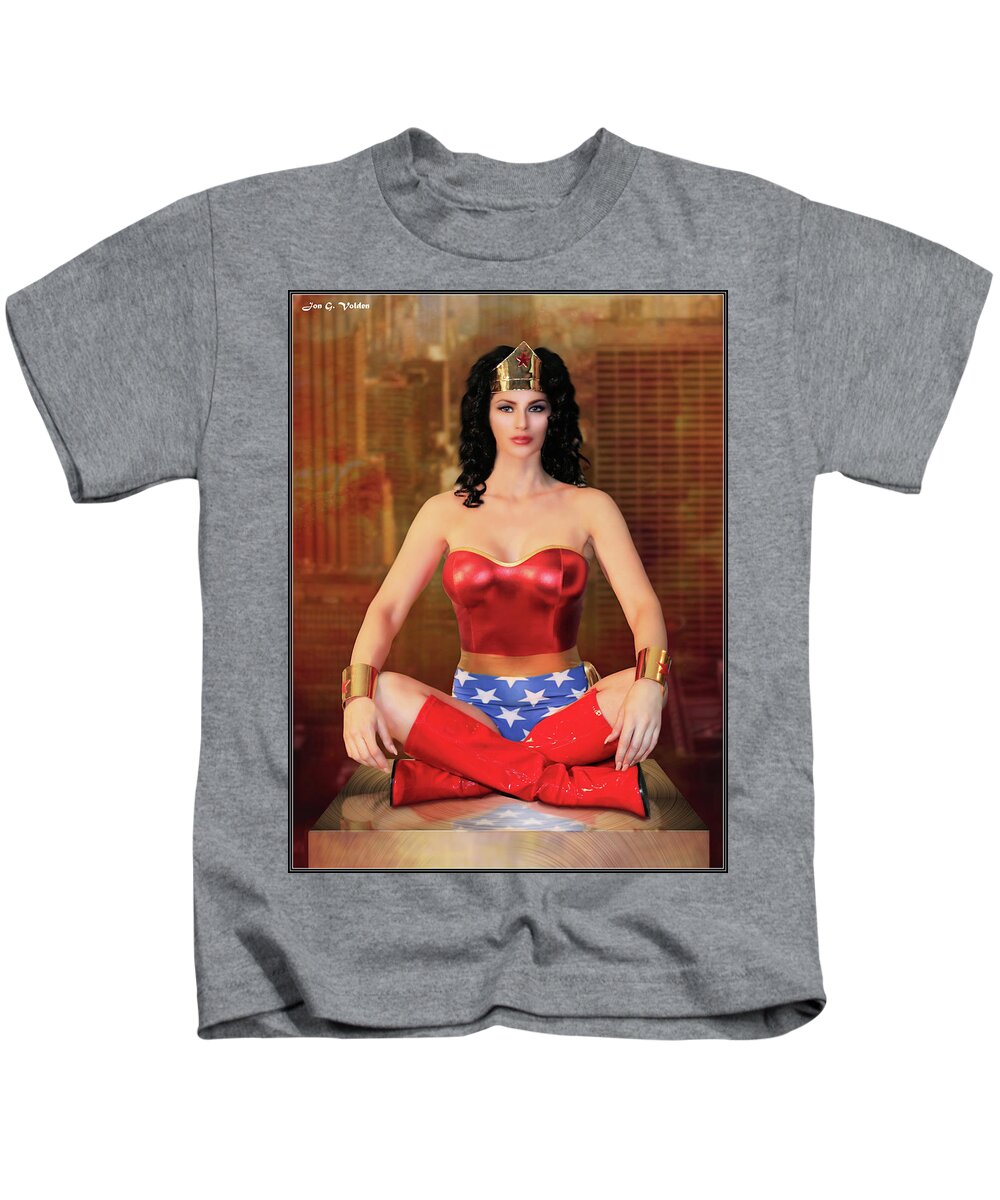 Cosplay Kids T-Shirt featuring the photograph Sitting Wonder Woman by Jon Volden