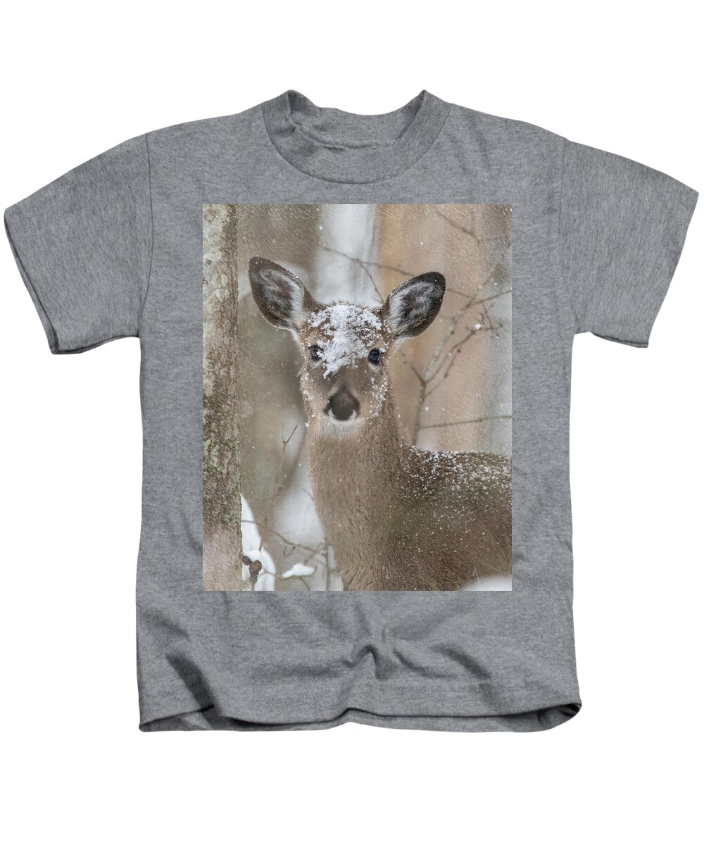 Whitetail Deer Kids T-Shirt featuring the photograph Snow Deer by Jaki Miller
