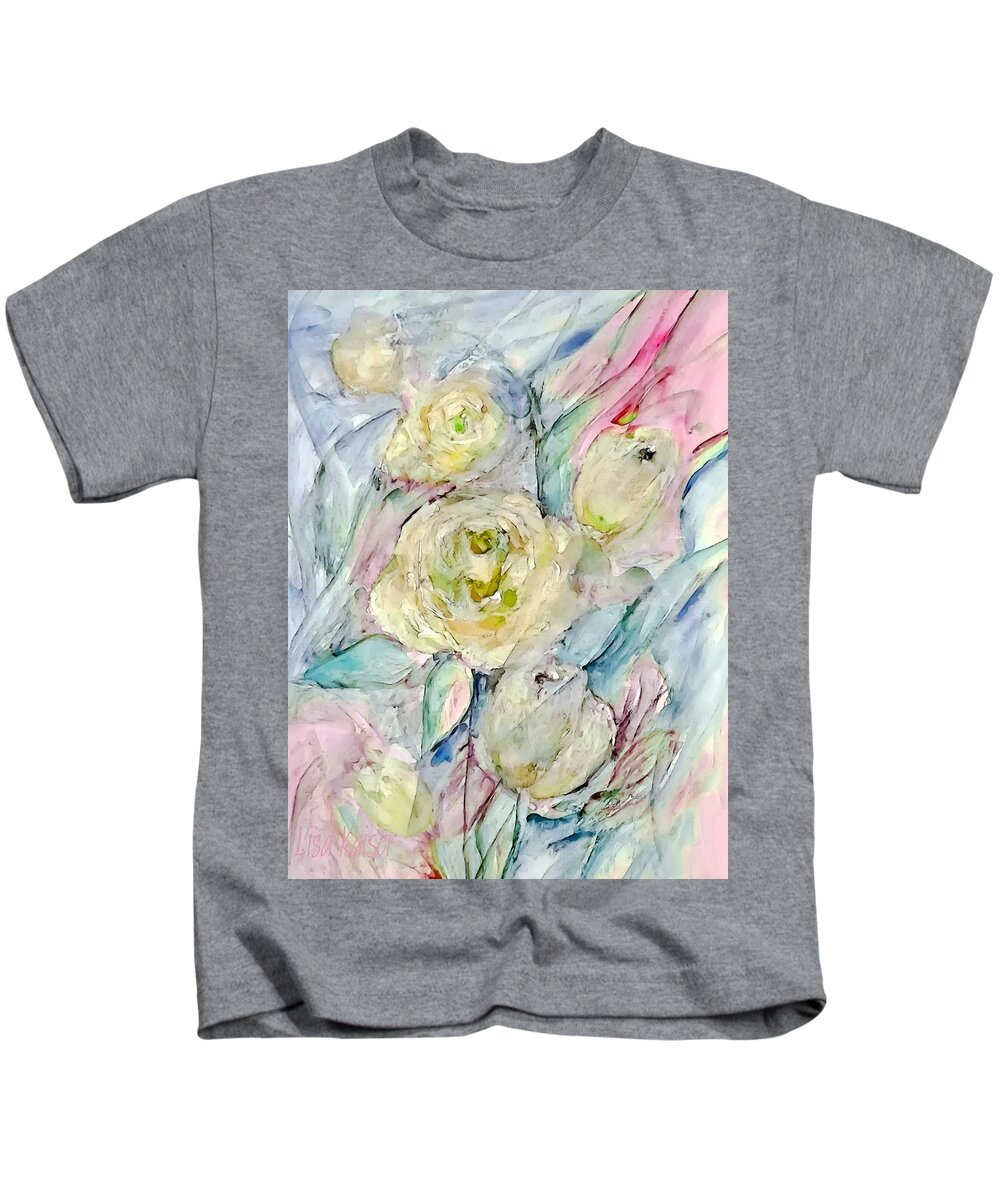 Yellow Kids T-Shirt featuring the painting Soft Shadowy Yellow Rosess by Lisa Kaiser