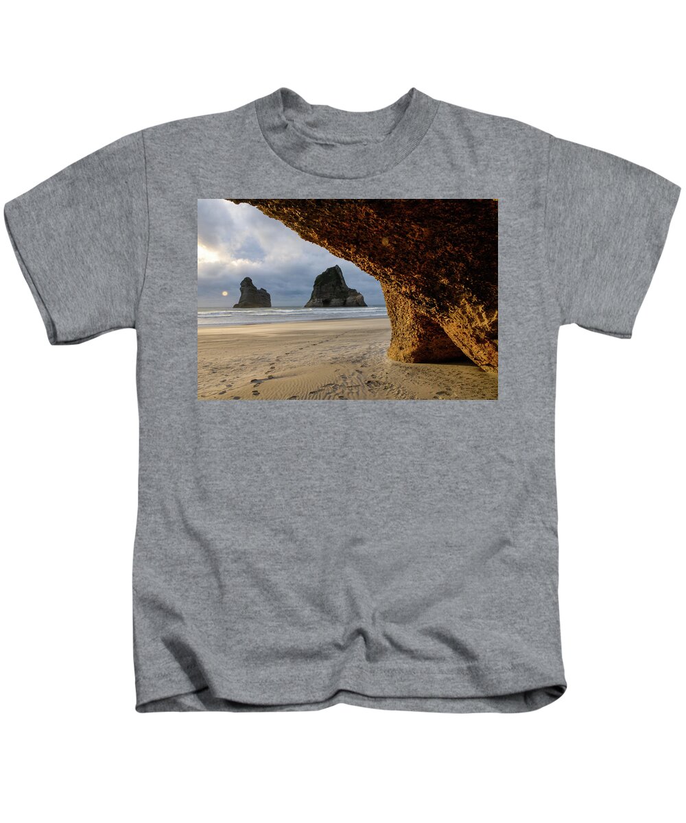 Wharariki Beach Kids T-Shirt featuring the photograph Castles Of Sand - Farewell Spit, South Island. New Zealand by Earth And Spirit
