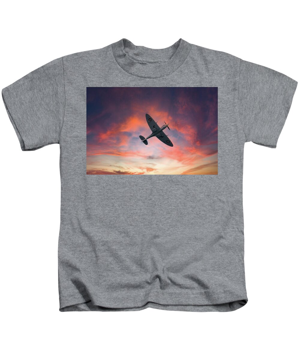 Eastbourne International Airshow Kids T-Shirt featuring the photograph Spitfire flying at sunset by Andrew Lalchan
