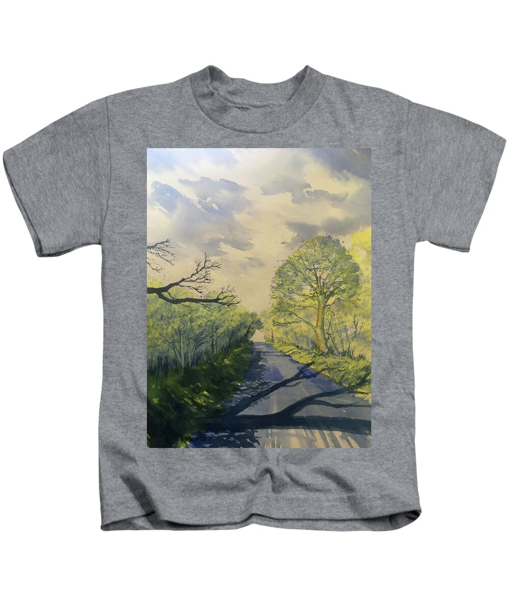 Watercolour Kids T-Shirt featuring the painting Spring Shadows on Woldgate by Glenn Marshall