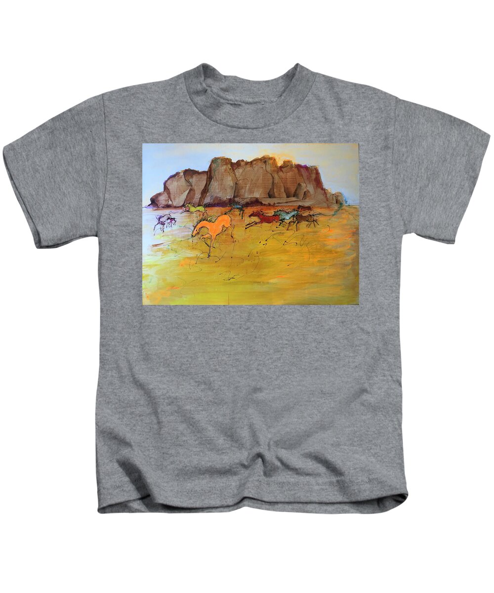 Horses Kids T-Shirt featuring the painting Stampede Mesa 2 by Elizabeth Parashis