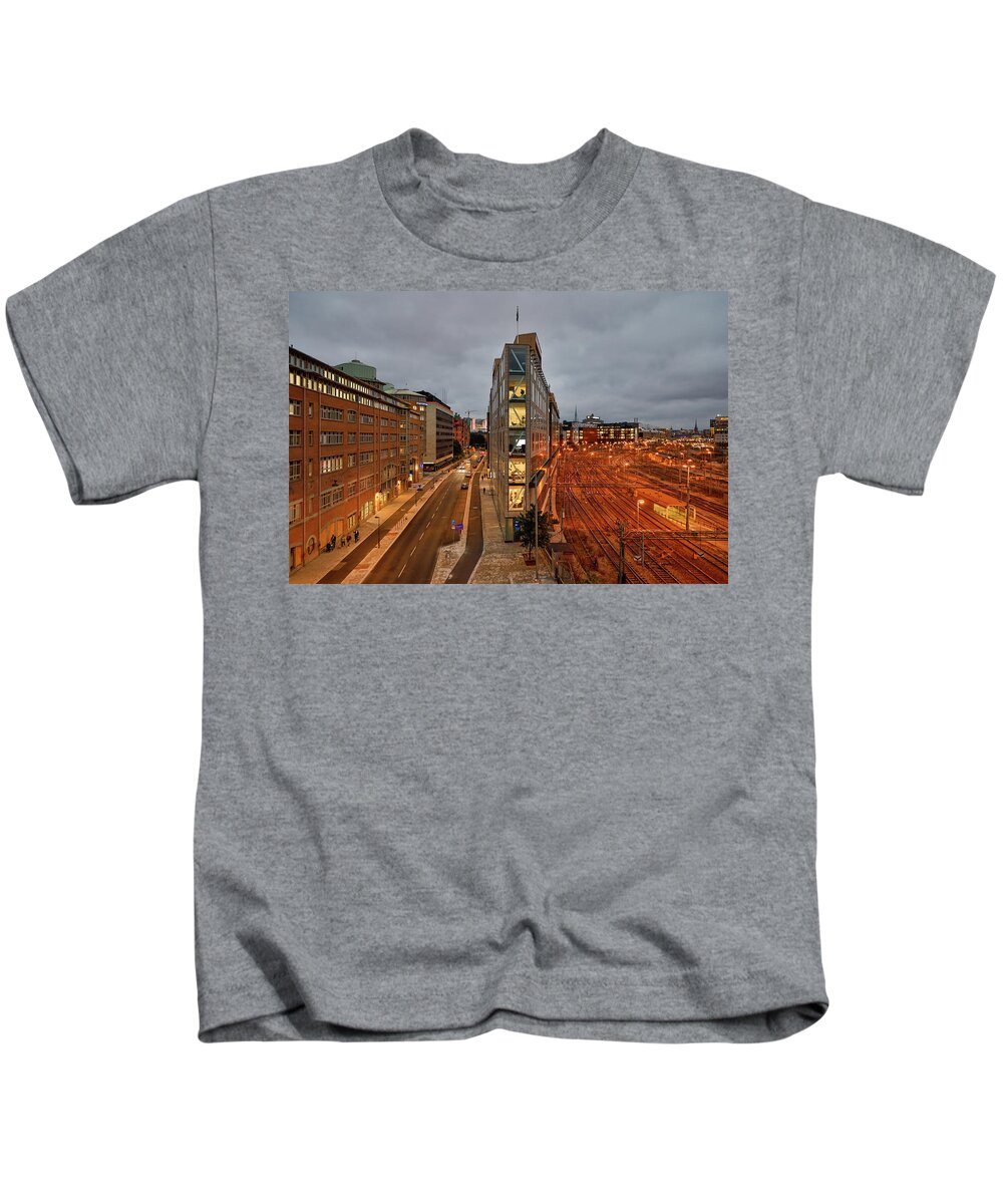 Europe Kids T-Shirt featuring the photograph Stockholm tracks by Alexander Farnsworth