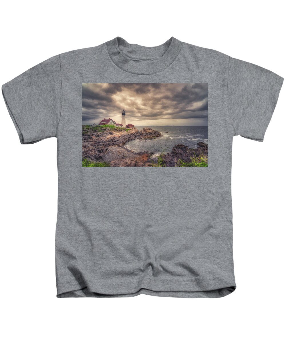 Portland Head Lighthouse Kids T-Shirt featuring the photograph Stormy Afternoon at Portland Head Light by Penny Polakoff