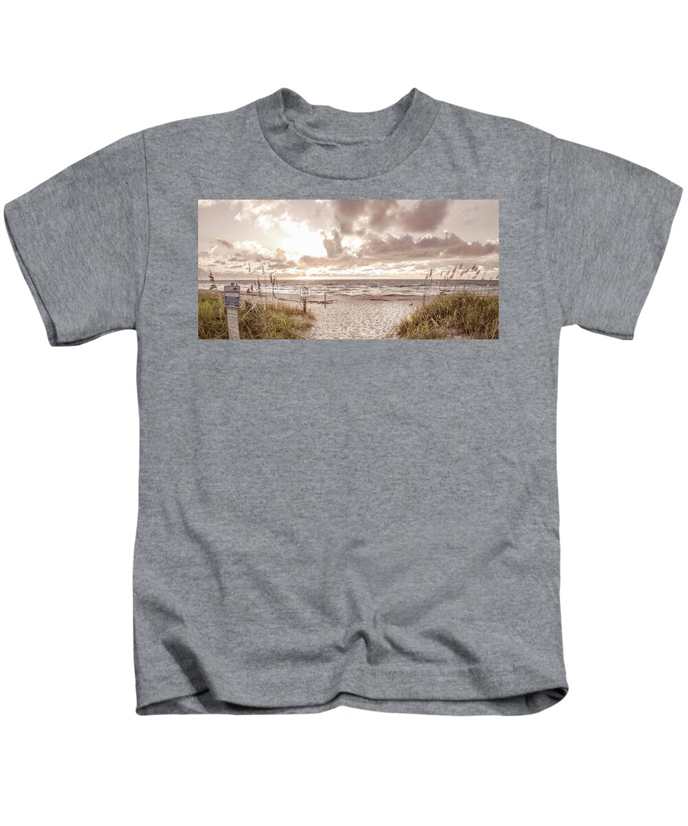 Clouds Kids T-Shirt featuring the photograph Sunrise over the Cottage Sand Dunes Panorama by Debra and Dave Vanderlaan