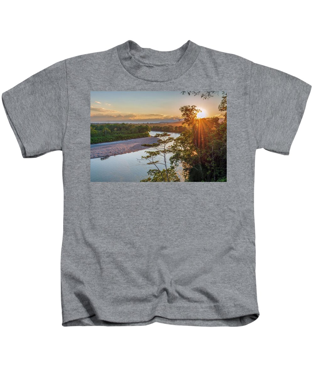 Ahuano Kids T-Shirt featuring the photograph Sunset Napo river by Henri Leduc