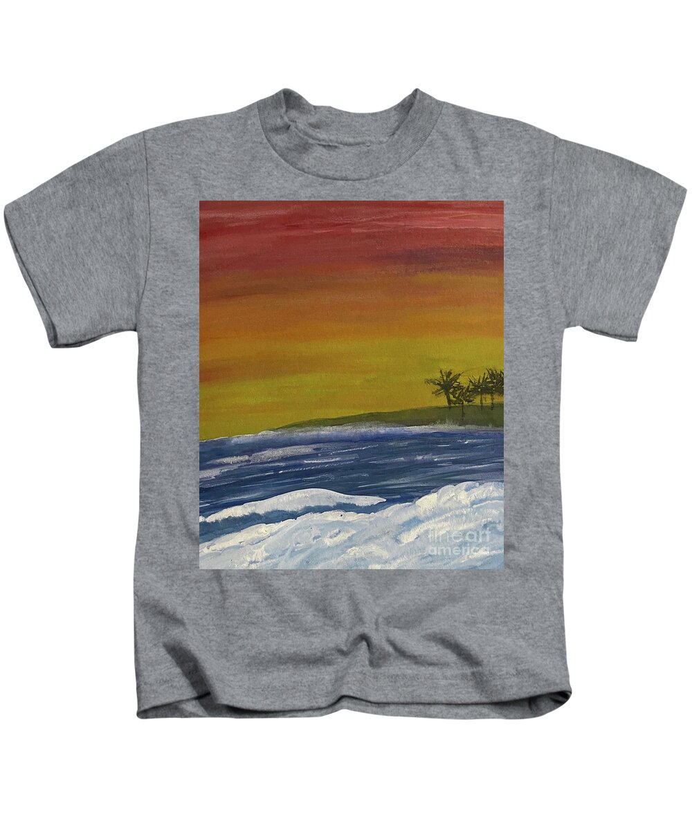 Sunset Kids T-Shirt featuring the mixed media Sunset Waves by Lisa Neuman