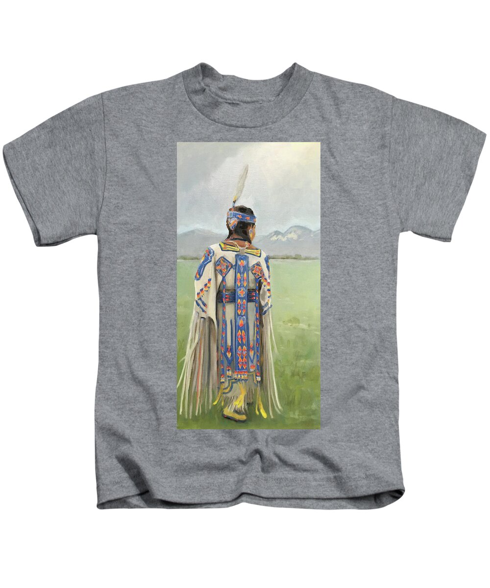 Native American Kids T-Shirt featuring the painting Swing and Sway, Buckskin Dancer by Elizabeth Jose