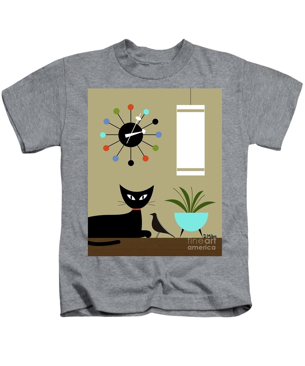 Mid Century Black Cat Kids T-Shirt featuring the digital art Tabletop Cat with Eames House Bird by Donna Mibus