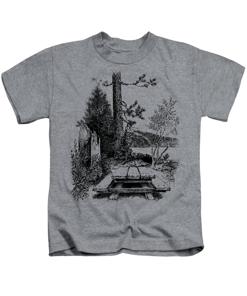 Travel Sketching Kids T-Shirt featuring the drawing Tahoe Picnic Table by John Paul Stanley