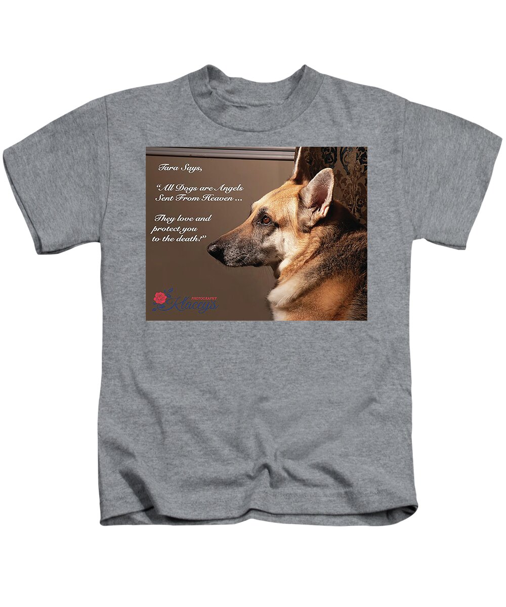 Tara Kids T-Shirt featuring the digital art Tara Says Dogs R Like Angels by Linda Ritlinger