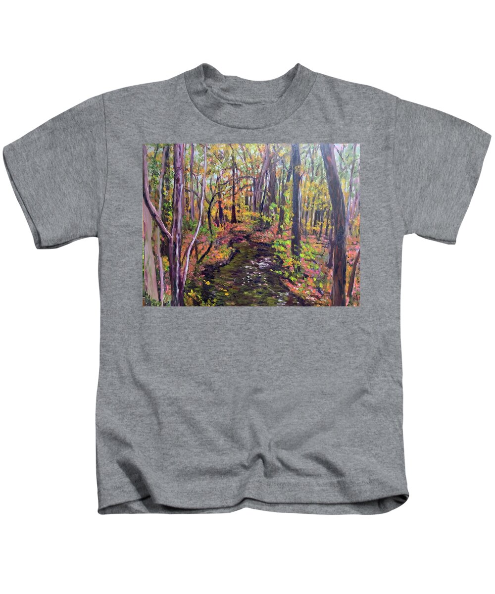 Woods Stream Fall Trees Trail Kids T-Shirt featuring the painting Thanksgiving woods by Beth Riso