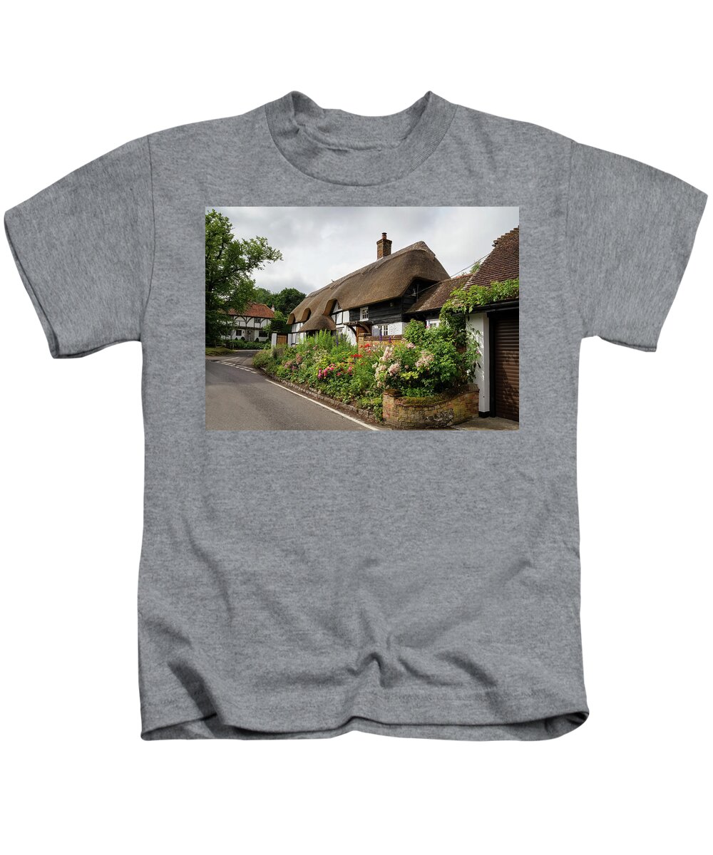 Cottage Kids T-Shirt featuring the photograph Thatched cottages in Micheldever by Shirley Mitchell