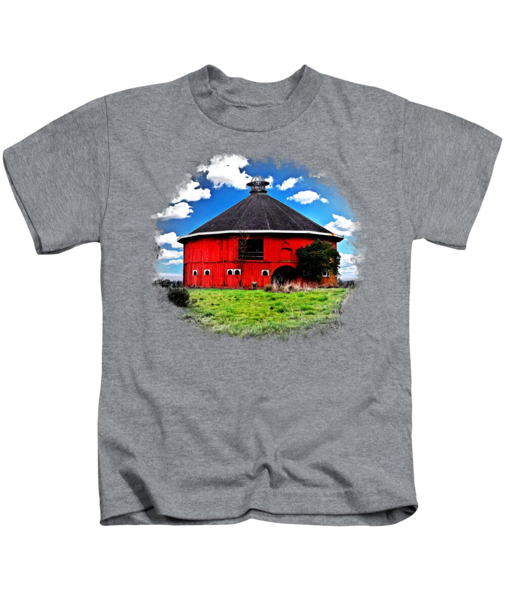 Fountaingrove Kids T-Shirt featuring the digital art The Fountaingrove Round Barn, near Santa Rosa, with transition from color to black and white by Nicko Prints