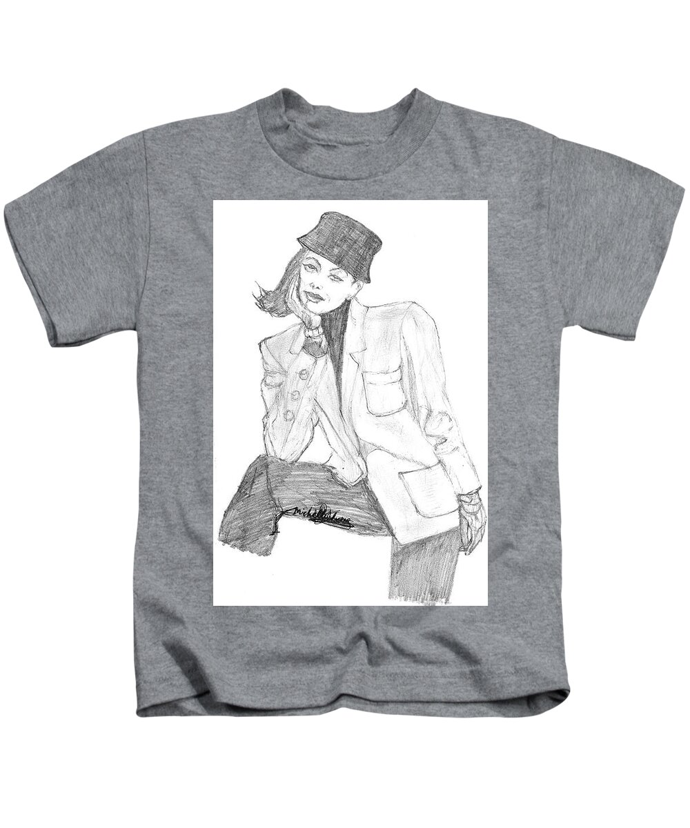 Girl Kids T-Shirt featuring the drawing The Girl in Hat and Jacket by Michelle Gilmore