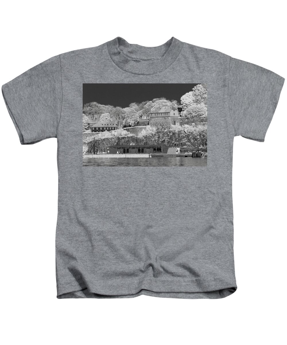 Old Kids T-Shirt featuring the photograph The old town of Oslo from the sea in infrared black and white by Maria Dimitrova
