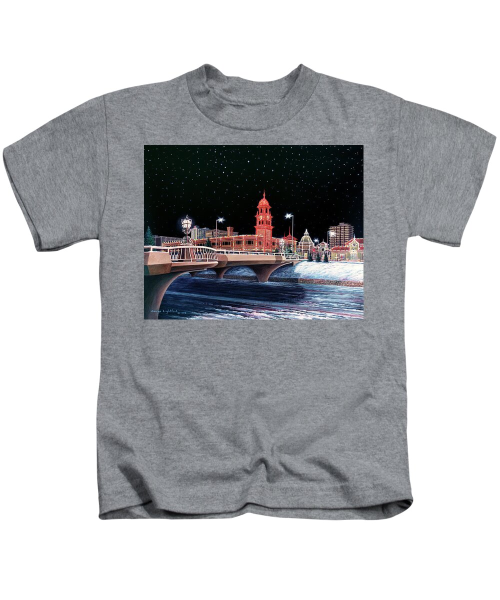 Cityscape Kids T-Shirt featuring the painting The Plaza at Christmas by George Lightfoot