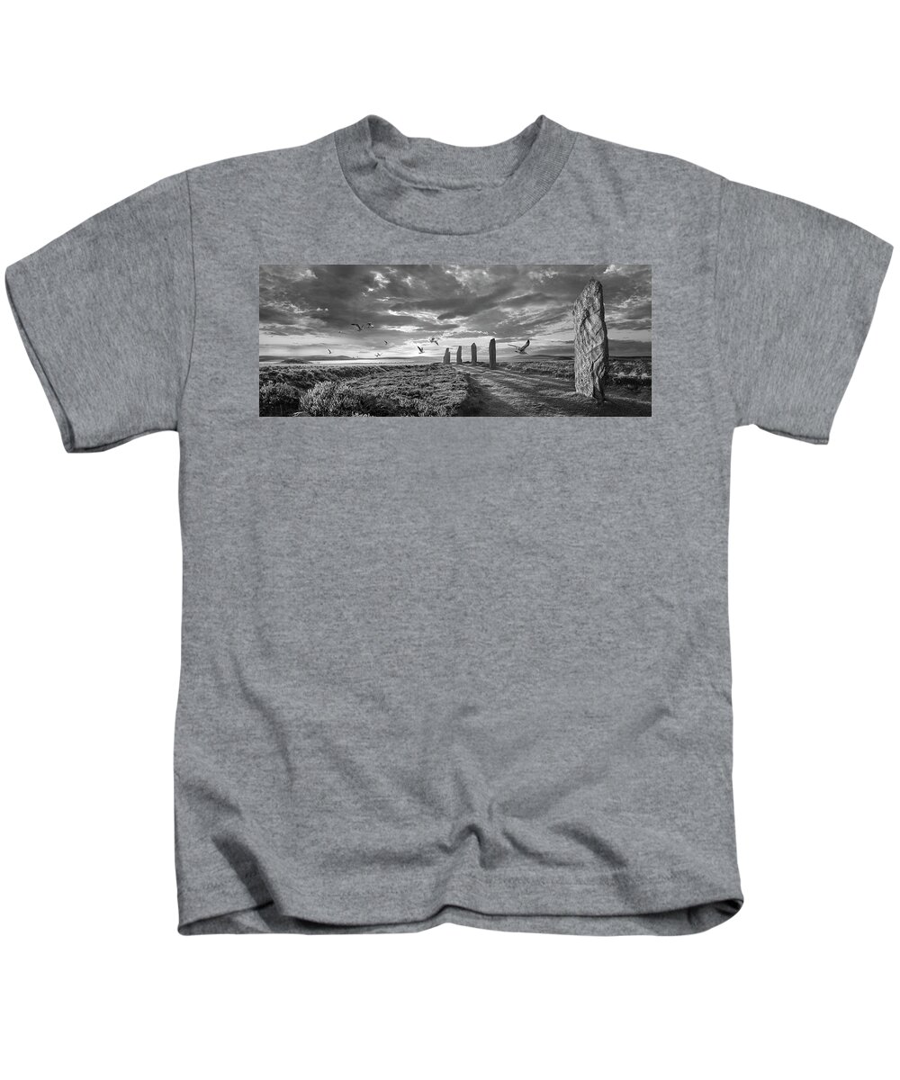 Ring Of Brodgar Kids T-Shirt featuring the photograph Sacred Stone - The Ring of Brodgar Stone Circle Black and white photo by Paul E Williams