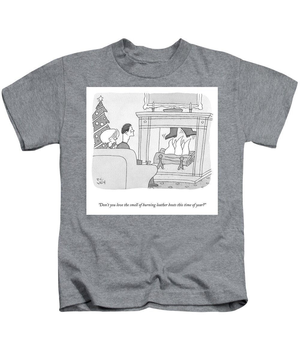 “don’t You Love The Smell Of Burning Leather Boots This Time Of Year?” Santa Claus Kids T-Shirt featuring the drawing The Smell of Burning Leather by Peter C Vey