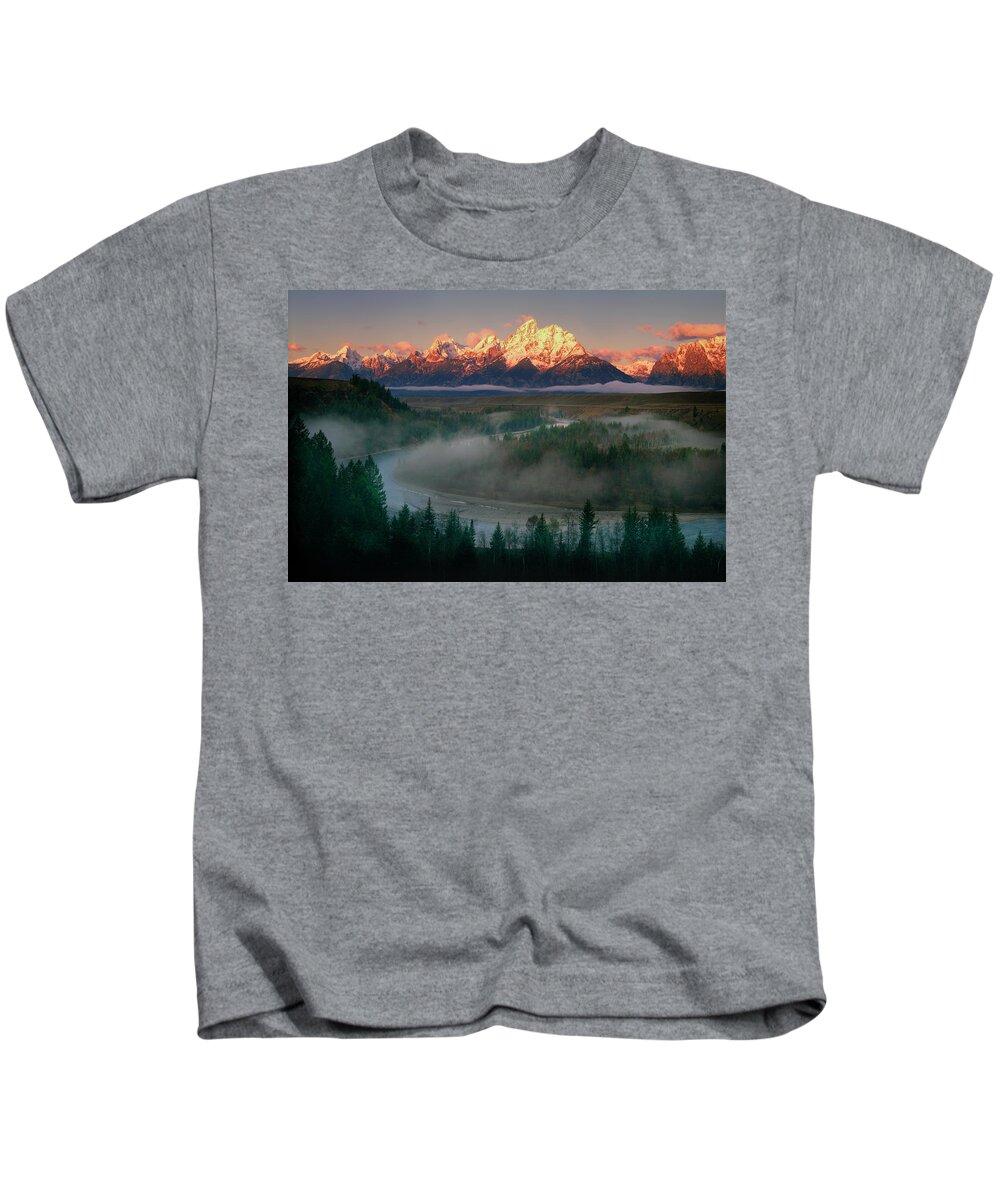 Tetons Kids T-Shirt featuring the photograph The Tetons Sunrise at Snake River Overlook by Mark Miller