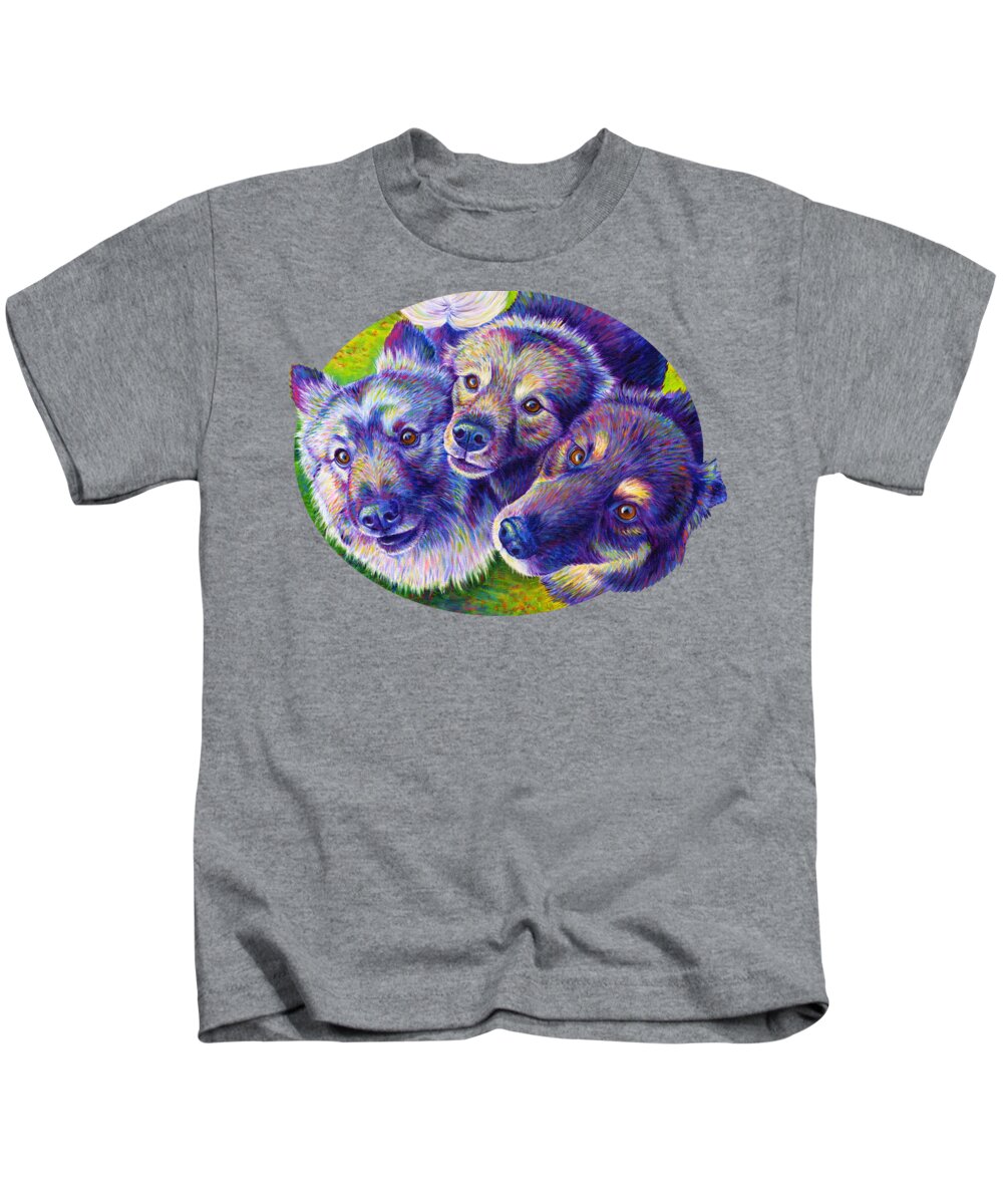 Keeshond Kids T-Shirt featuring the painting Three Amigos by Rebecca Wang