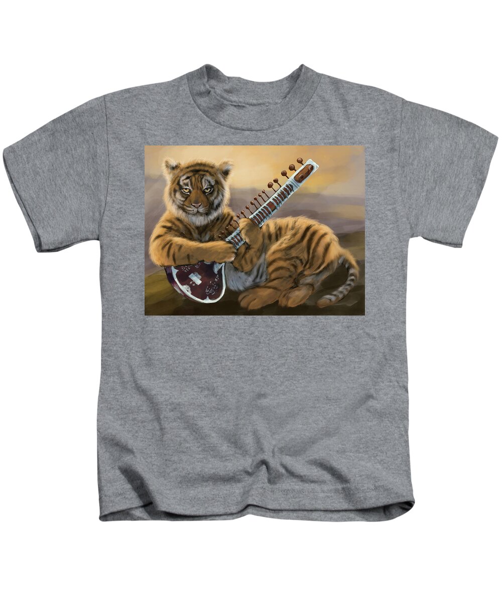 Tiger Kids T-Shirt featuring the digital art Tiger On Sitar by Larry Whitler