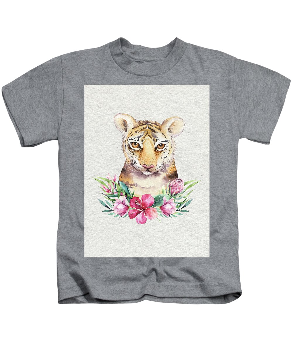 Tiger With Flowers Kids T-Shirt featuring the painting Tiger With Flowers by Nursery Art