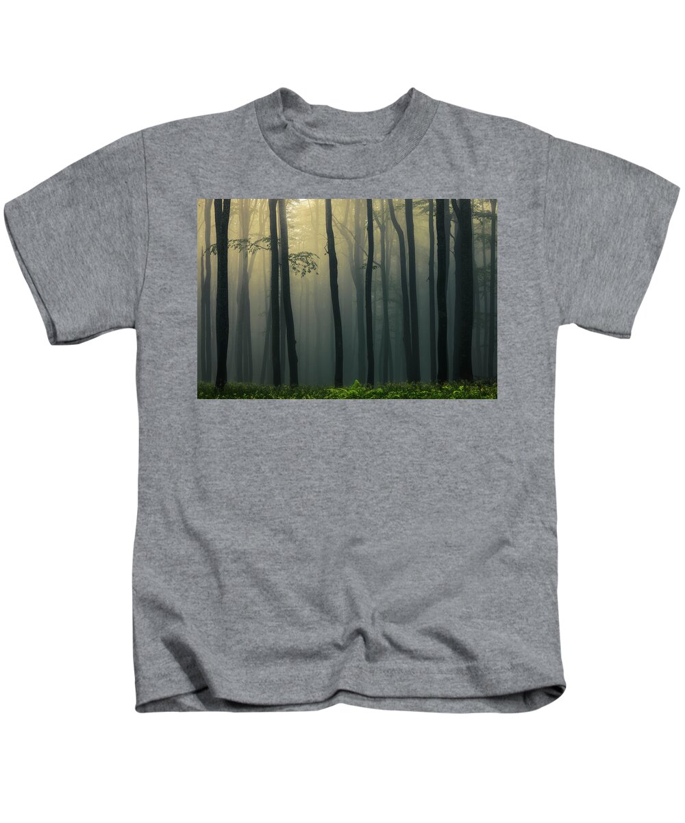 Balkan Mountains Kids T-Shirt featuring the photograph Trees In Dark Forest by Evgeni Dinev