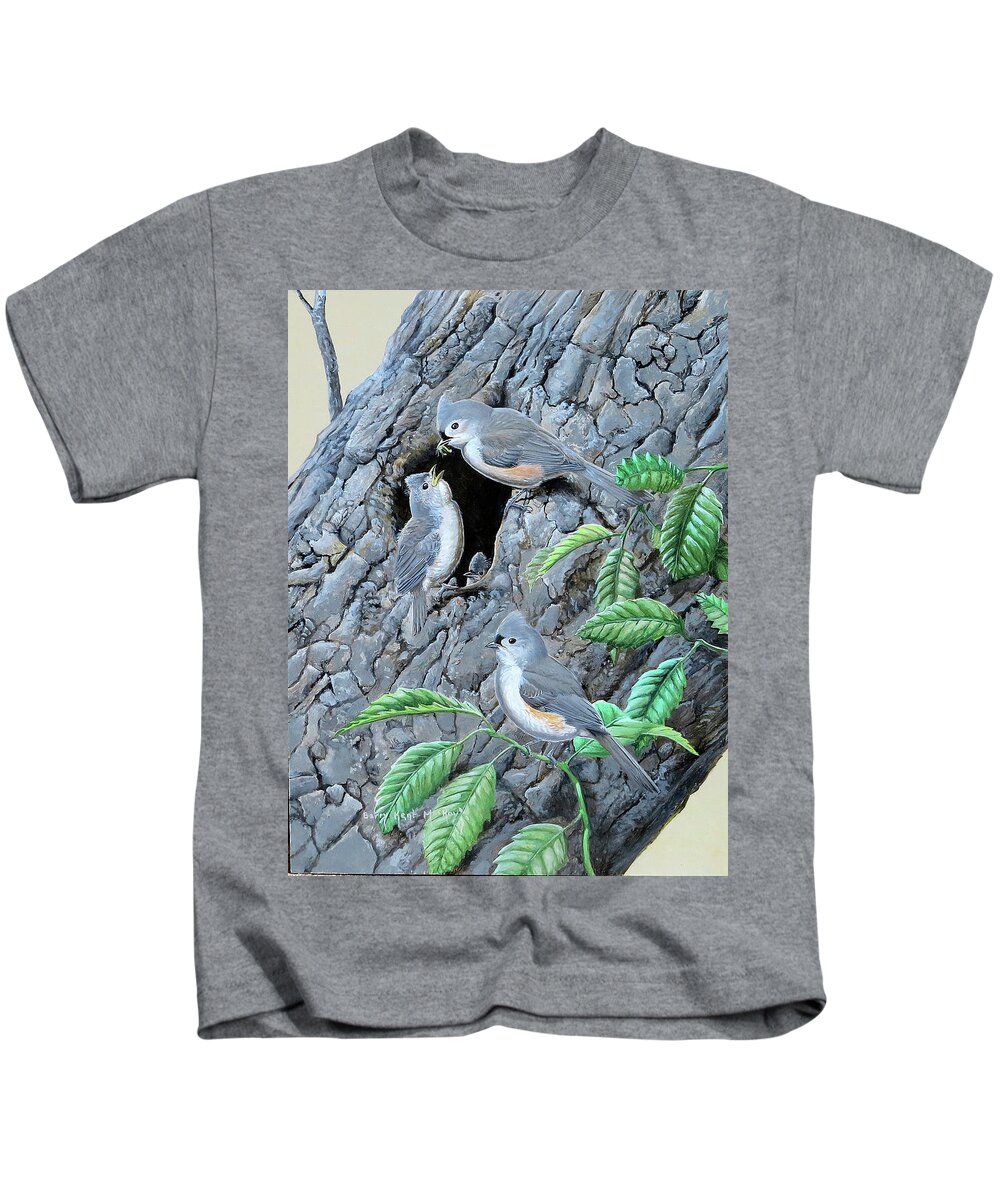 Tufted Titmouse Kids T-Shirt featuring the painting Tufted Titmouse family by Barry Kent MacKay