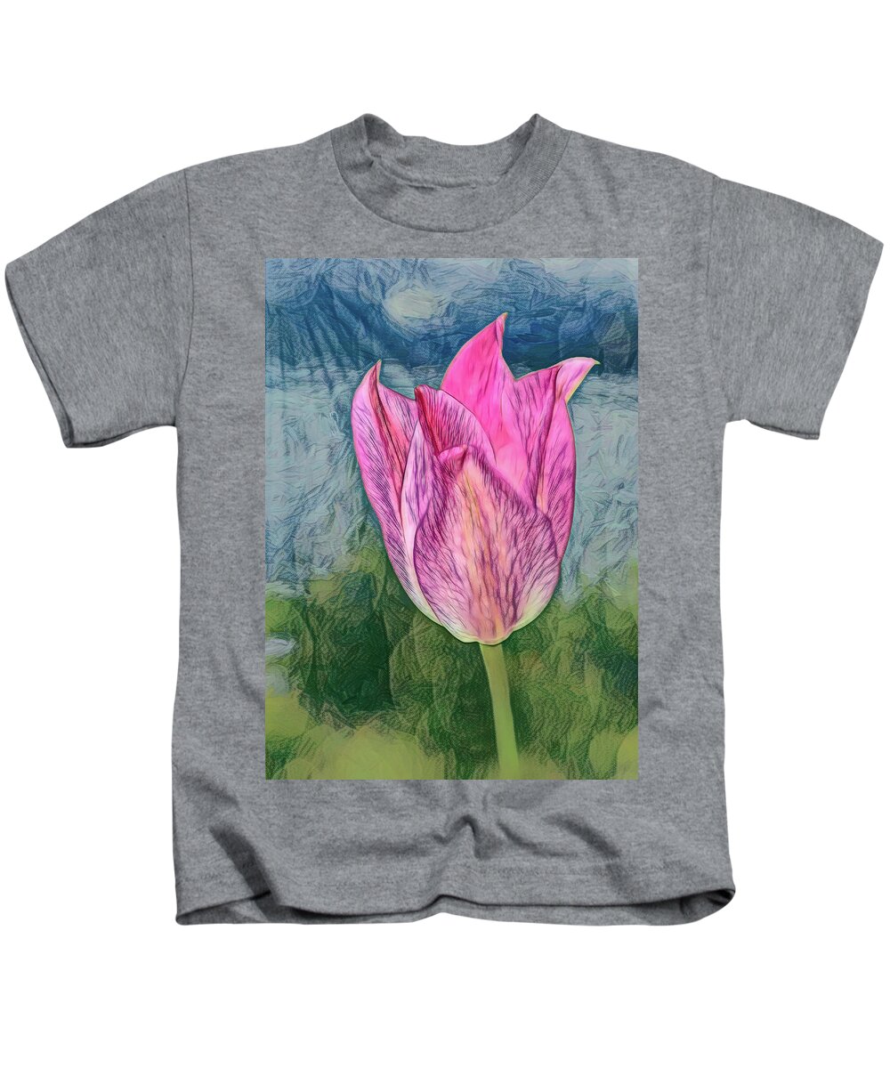 Abstract Kids T-Shirt featuring the photograph Tulip with charcoal textured background by Sue Leonard