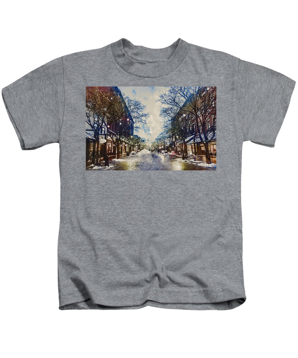 Twilight Kids T-Shirt featuring the painting Twilight in Winter Town by Alex Mir