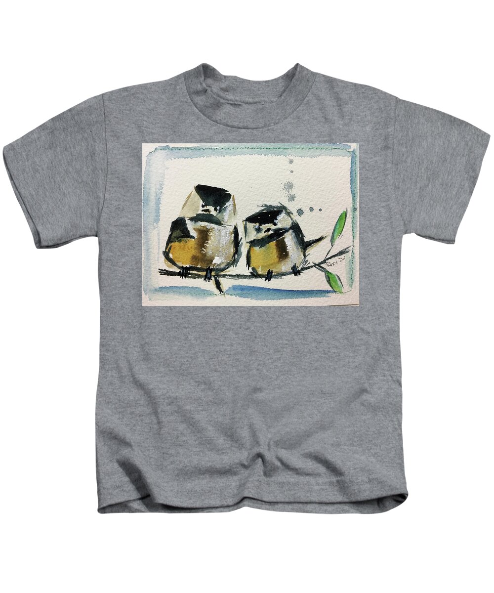 Grand Tit Kids T-Shirt featuring the painting Two Fat Chickadees by Roxy Rich