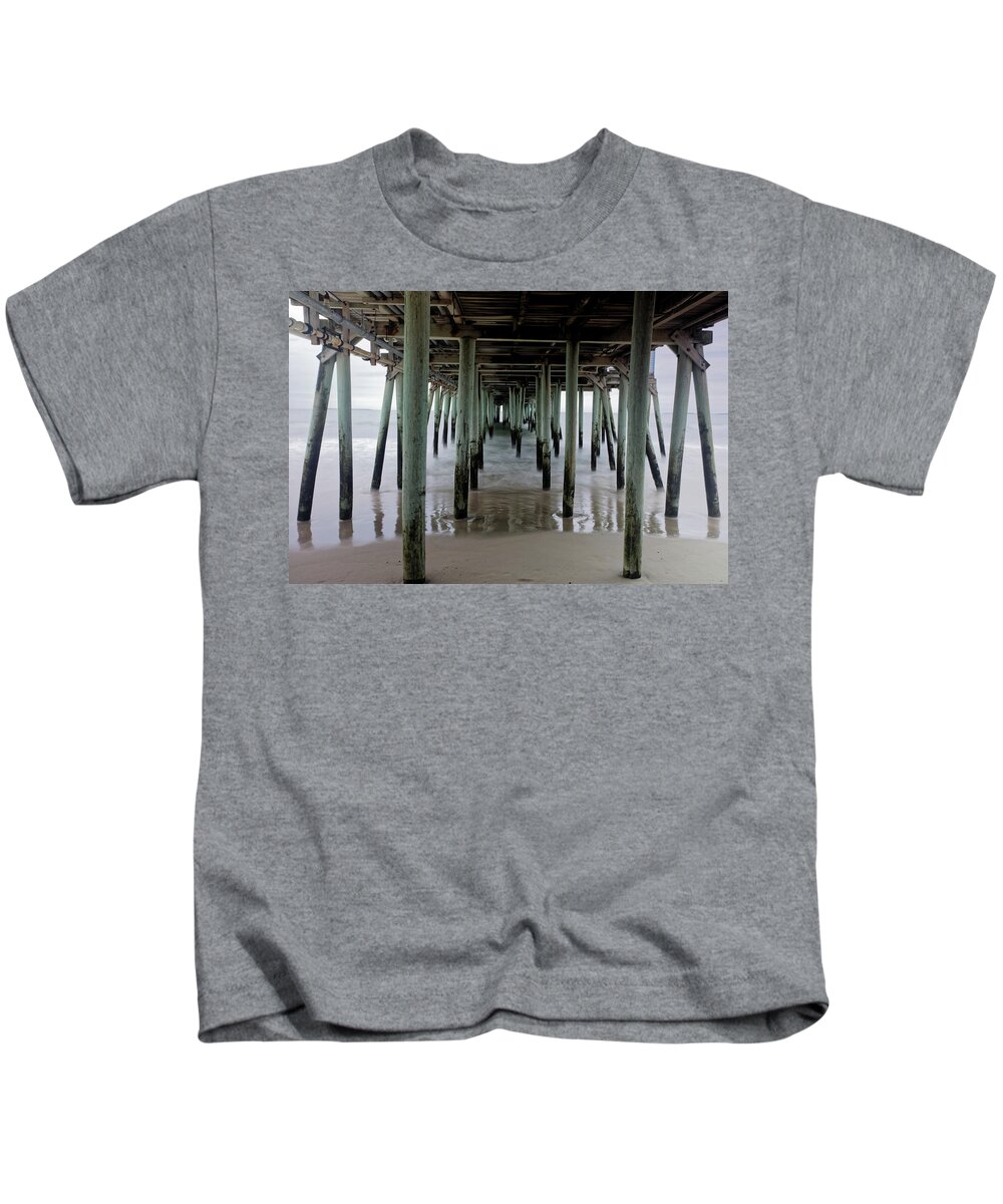 Under Kids T-Shirt featuring the photograph Under the Old Orchard Beach Pier by Doolittle Photography and Art