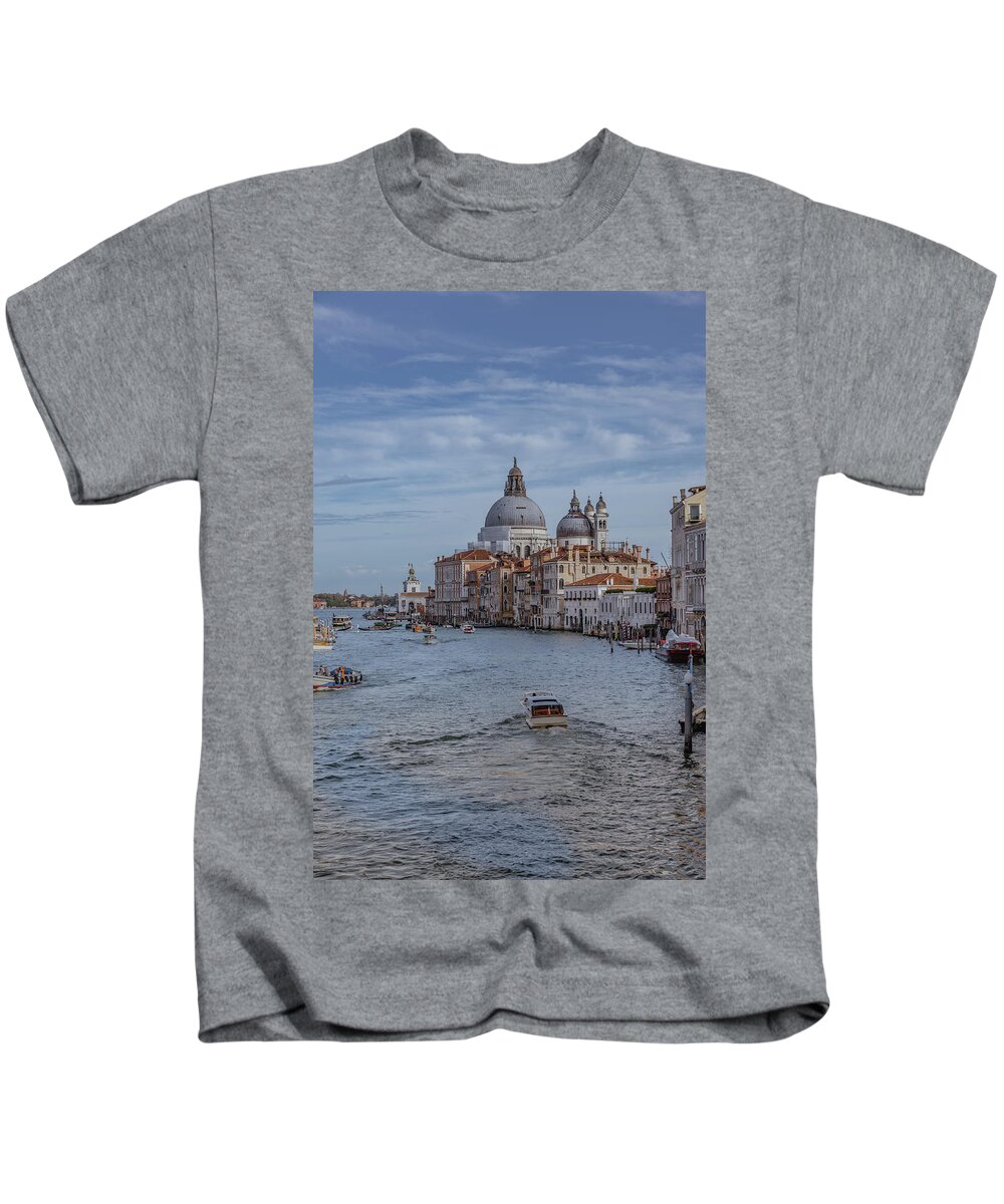 Architecture Kids T-Shirt featuring the photograph View down the Grand Canal from Ponte dell'Accademia with Basilica di Santa Maria della Salute in the by Maria Heyens