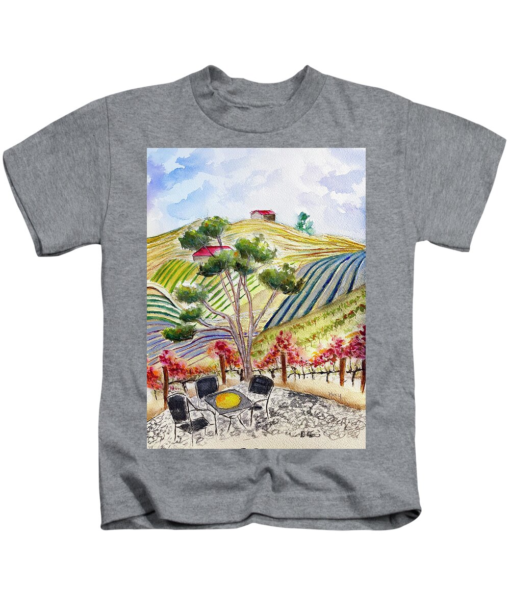 View Kids T-Shirt featuring the painting View from the patio at Gershon Bachus Vintners by Roxy Rich