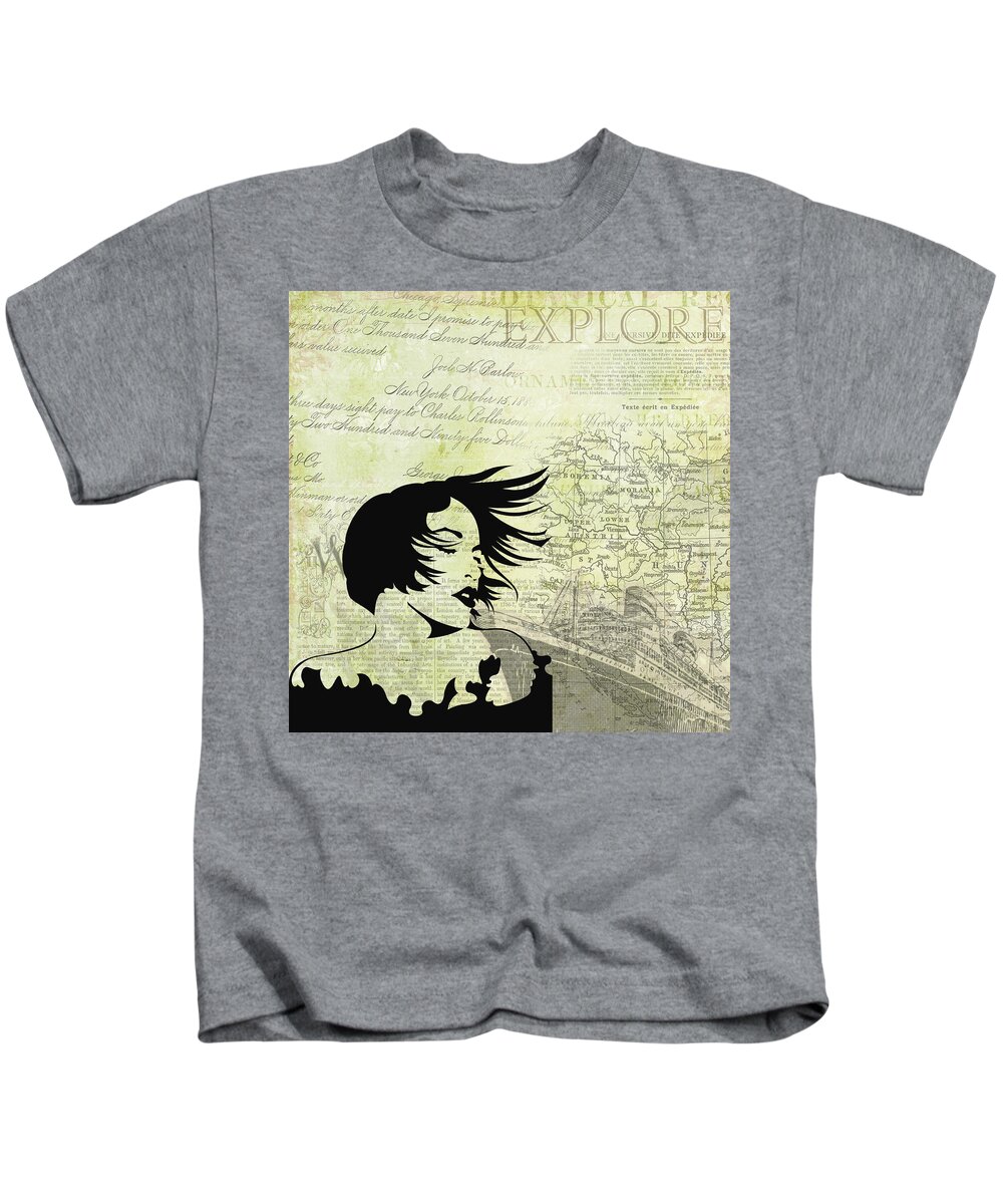 Vintage Art Kids T-Shirt featuring the digital art Vintage Travel Print - Beautiful Woman at Sea by Caterina Christakos