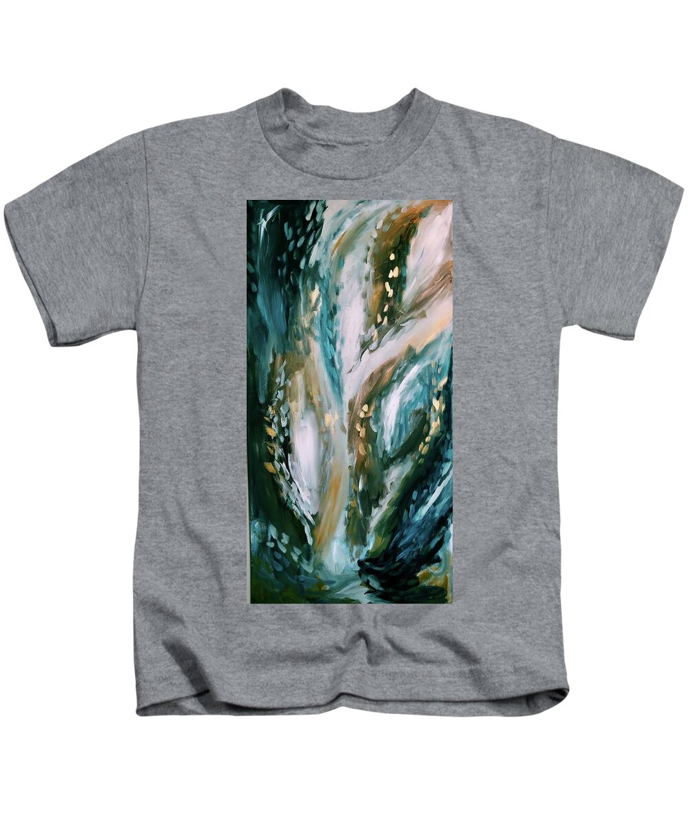 Blue Grey Brown Gold Abstract Sea Seaweed Beach Turquoise Blue Water Kids T-Shirt featuring the painting Waves by Meredith Palmer