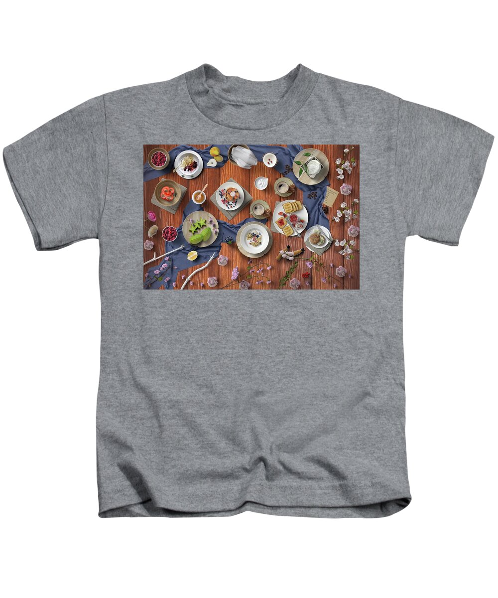 Toast Kids T-Shirt featuring the photograph Welcome To My Healthy And Delicious Breakfast Table by Johanna Hurmerinta