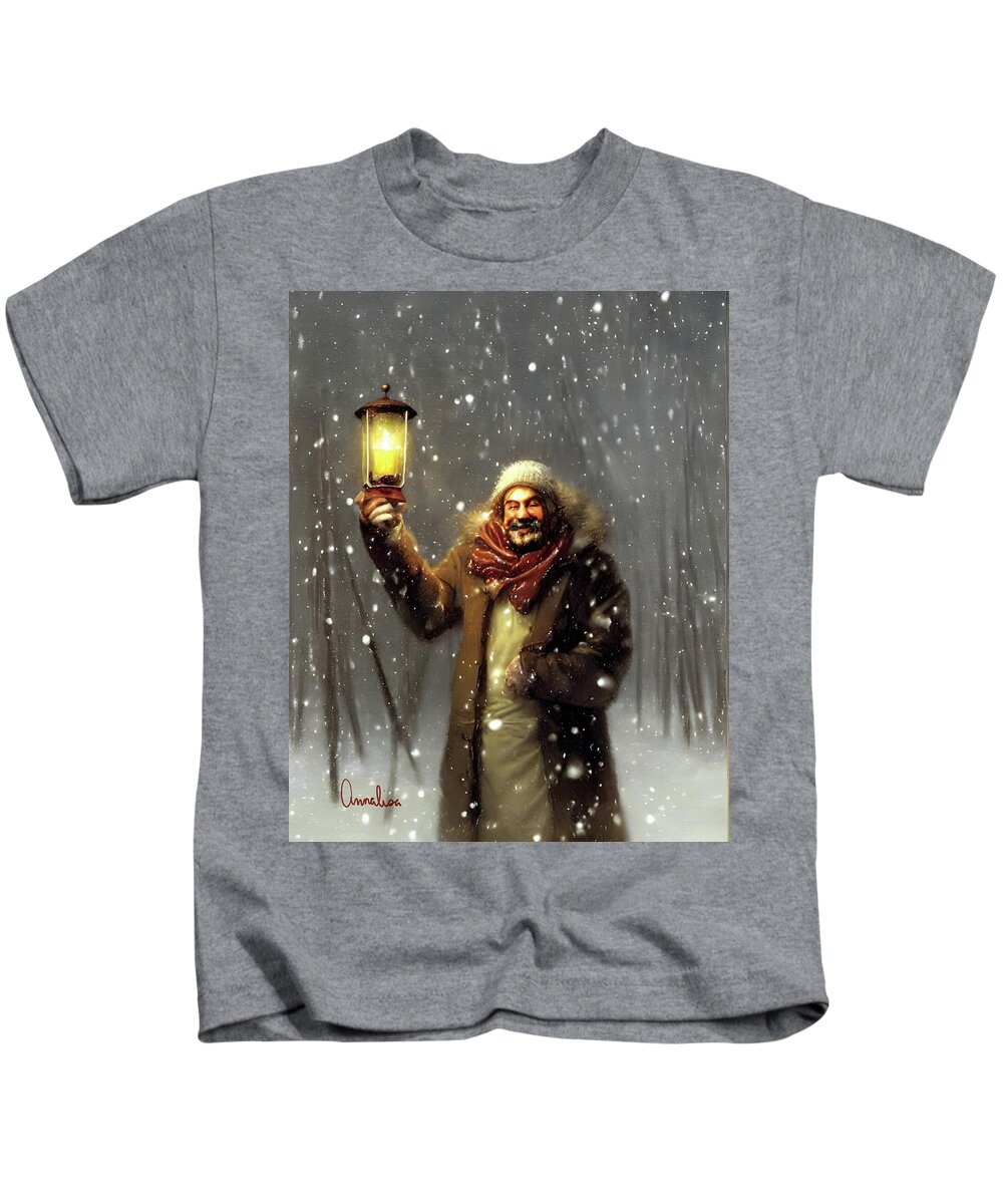 Snowstorm Kids T-Shirt featuring the digital art Welcoming Fellow in the Snow #1 by Annalisa Rivera-Franz