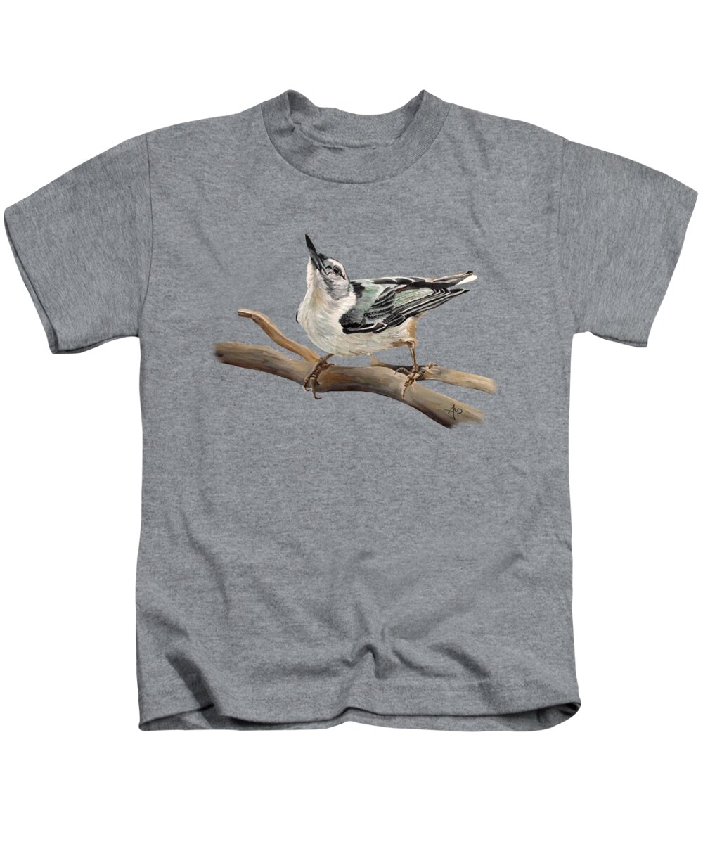 White-breasted Nuthatch Kids T-Shirt featuring the painting White-breasted Nuthatch by Angeles M Pomata