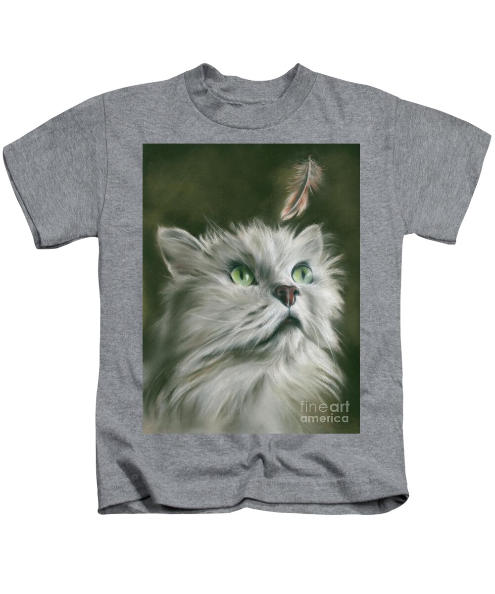 Cat Kids T-Shirt featuring the painting White Cat with a Feather by MM Anderson