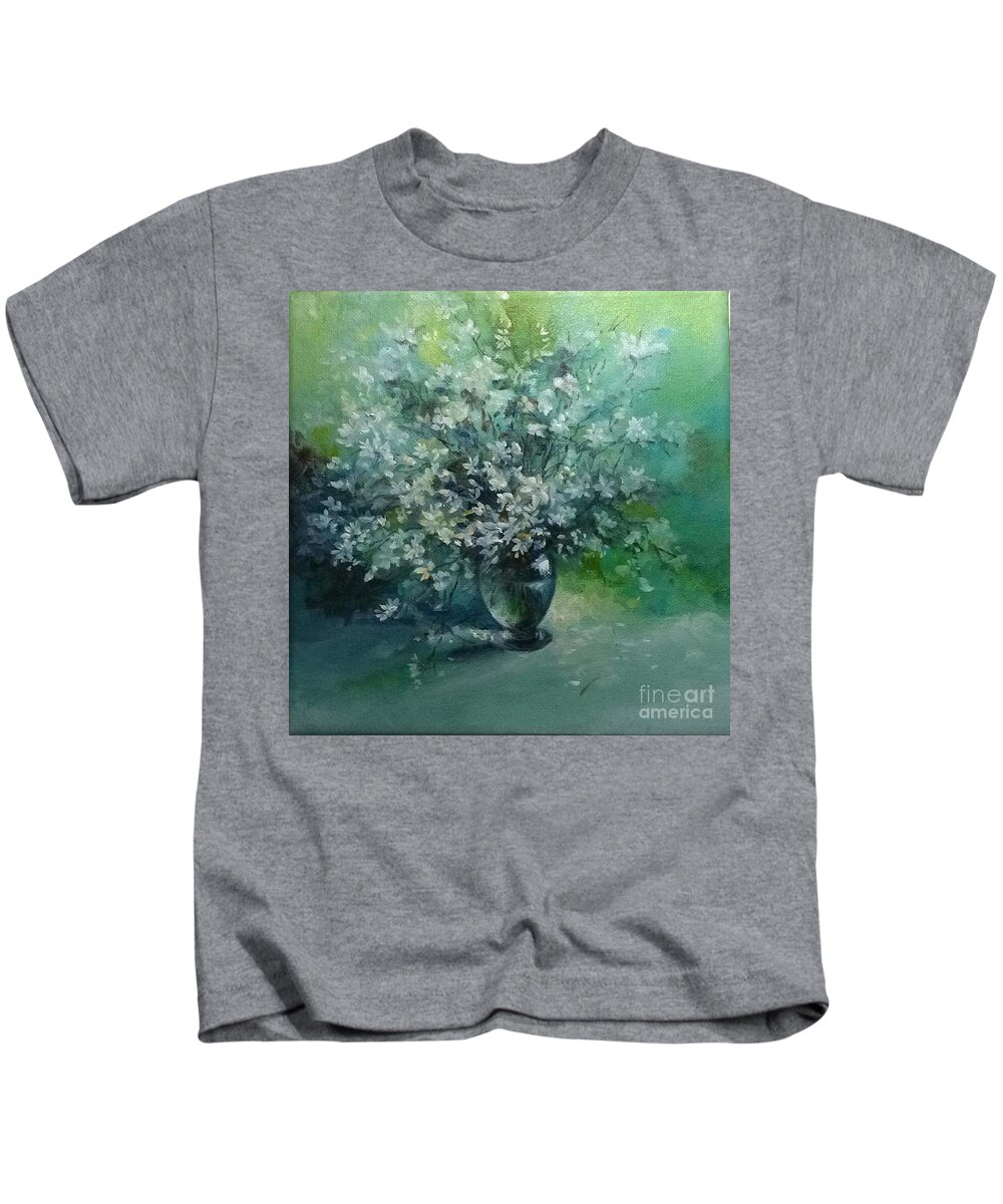 Vase Kids T-Shirt featuring the painting White flowers in a Glass Vase by Lizzy Forrester