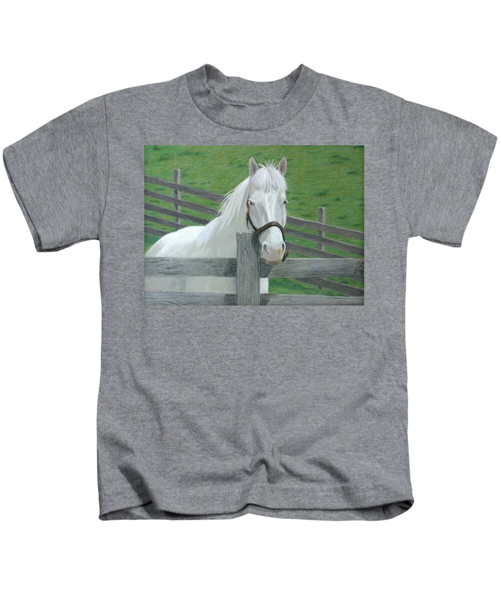 White Horses Grey Horses Farm Animals Pasture Green Rustic Fences Kids T-Shirt featuring the pastel White Horse by Miriam Kilmer by Miriam A Kilmer