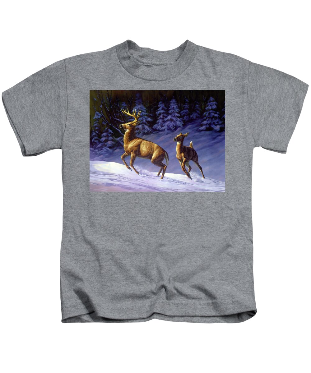 Deer Kids T-Shirt featuring the painting Whitetail Deer Painting - Startled by Crista Forest