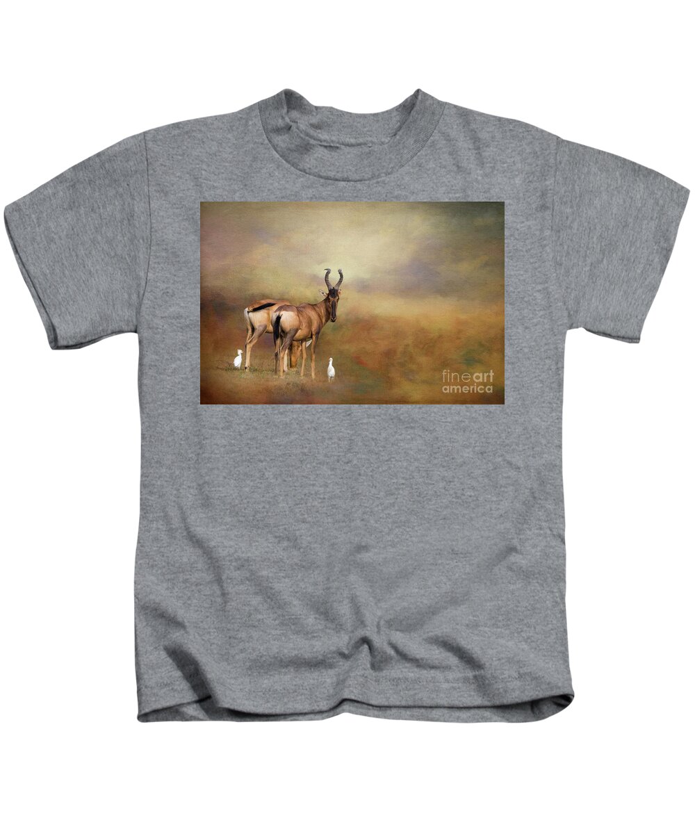 Red Hartebeest Kids T-Shirt featuring the photograph Wildlife Friends by Eva Lechner