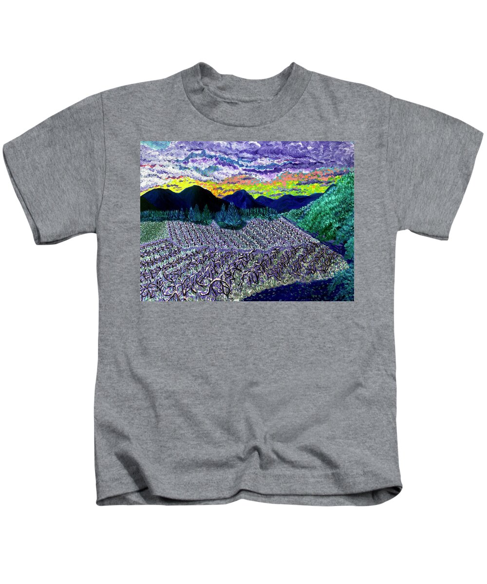Winter Dawn Kids T-Shirt featuring the painting Winter arrives at Betsy's vineyard. Williams, Oregon. by ArtStudio Mateo